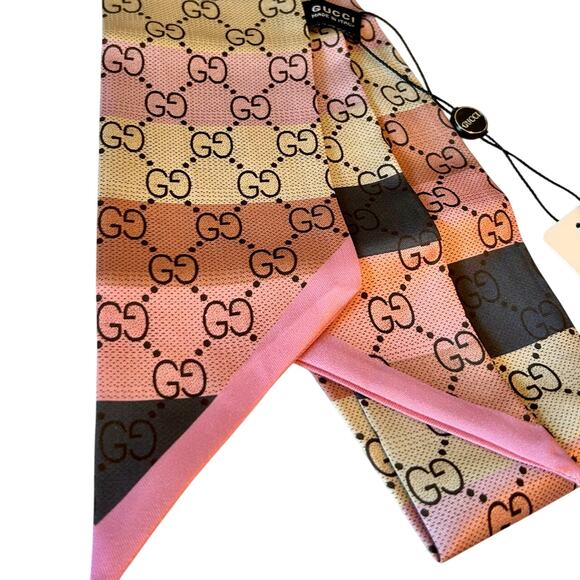 100% SILK Gucci Luxury Scarf Designer GG Logo Pink Brown Glam Coquette Elegant - Picture 2 of 5
